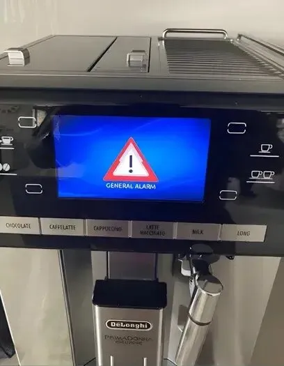 DeLonghi PrimaDonna Exclusive showing a General Alarm error
